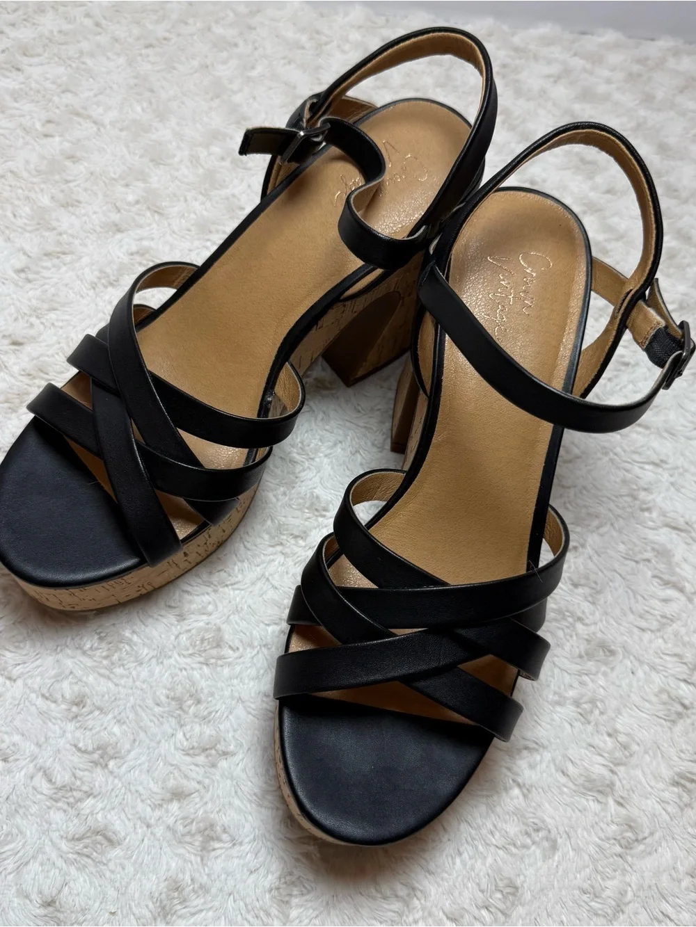 Crown Vintage Black Strappy Cork Platform Heels